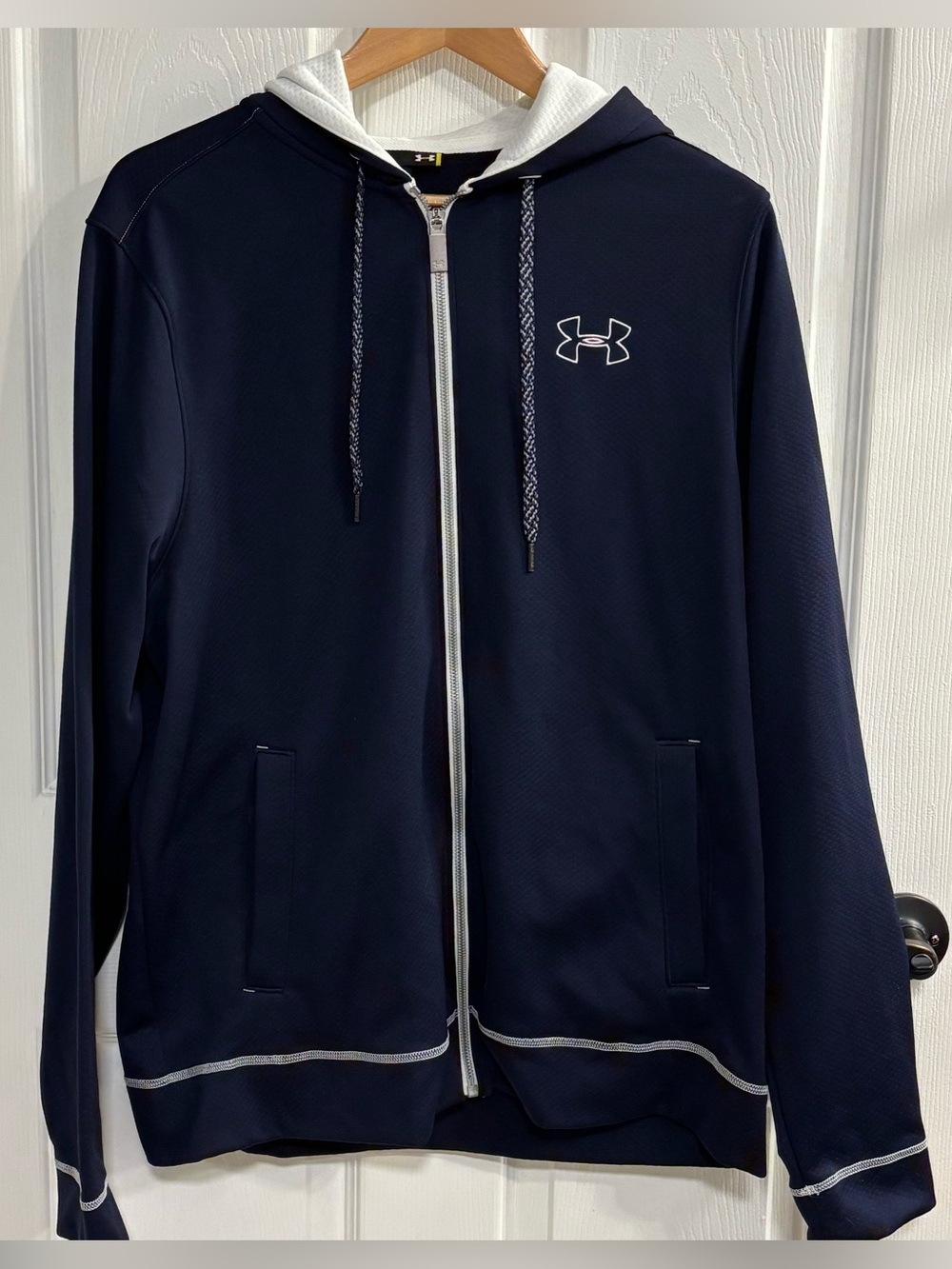 Under Armour ColdGear Tech Fleece Full Zip Hoodie Loose Navy White Men’s LG NWT